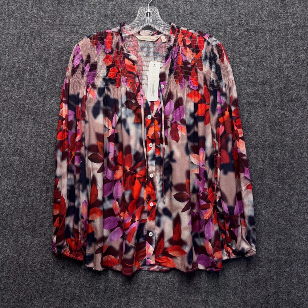Soft Surroundings Celandine Blouse Womens L Red Floral Smocked Boho 2DQ90 NWT